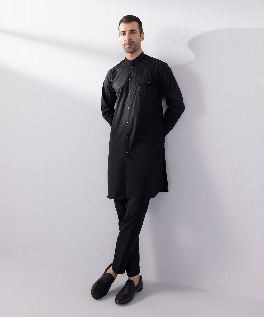 Men's Stitched Cotton Dobby Black Round Hem Kurta Trousers