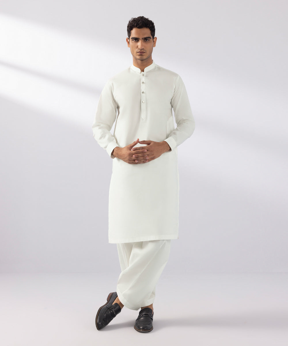 Men's Stitched Giza Latha White Straight Hem Kurta Shalwar