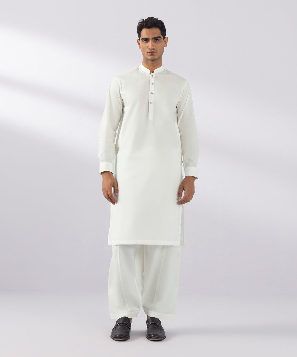 Men's Stitched Giza Latha White Straight Hem Kurta Shalwar