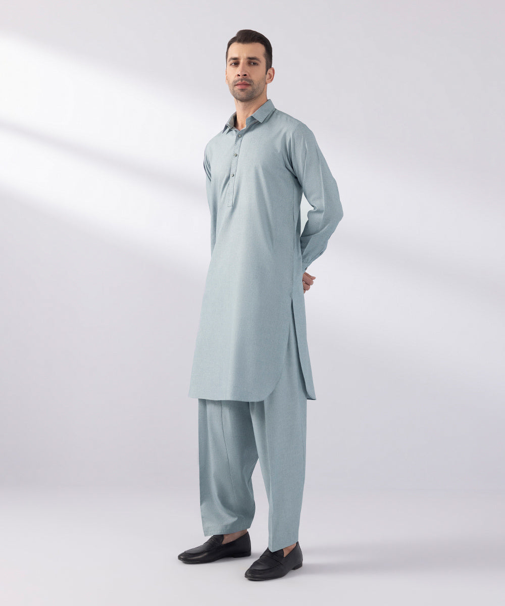 Men's Stitched Fancy Wash & Wear Soft Blue Round Hem Kurta Shalwar