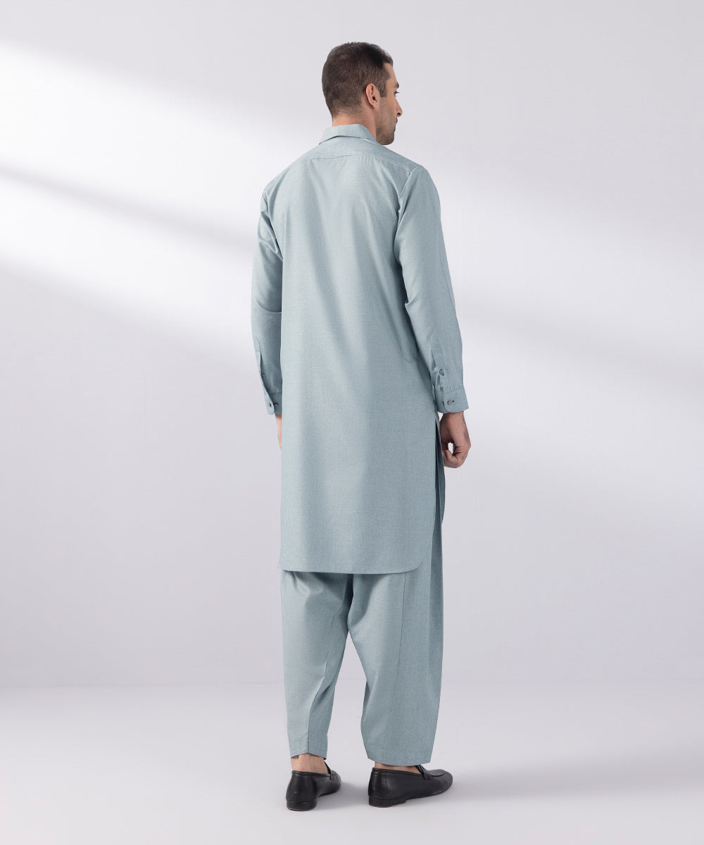 Men's Stitched Fancy Wash & Wear Soft Blue Round Hem Kurta Shalwar