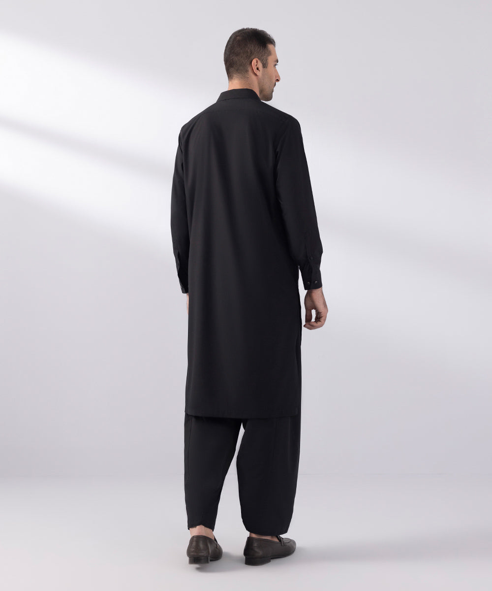 Men's Stitched Poly Modal Black Round Hem Kurta Shalwar