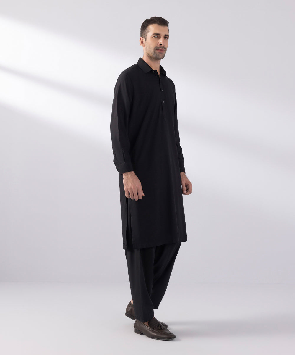 Men's Stitched Poly Modal Black Round Hem Kurta Shalwar