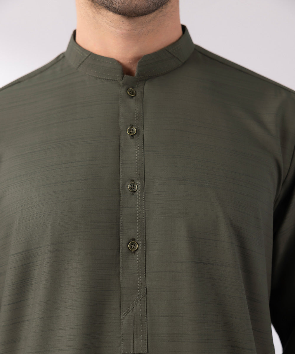 Men's Stitched Wash & Wear Dark Olive Straight Hem Kurta Shalwar