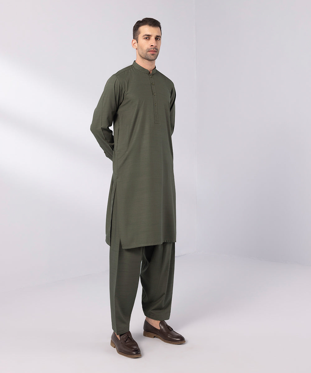 Men's Stitched Wash & Wear Dark Olive Straight Hem Kurta Shalwar