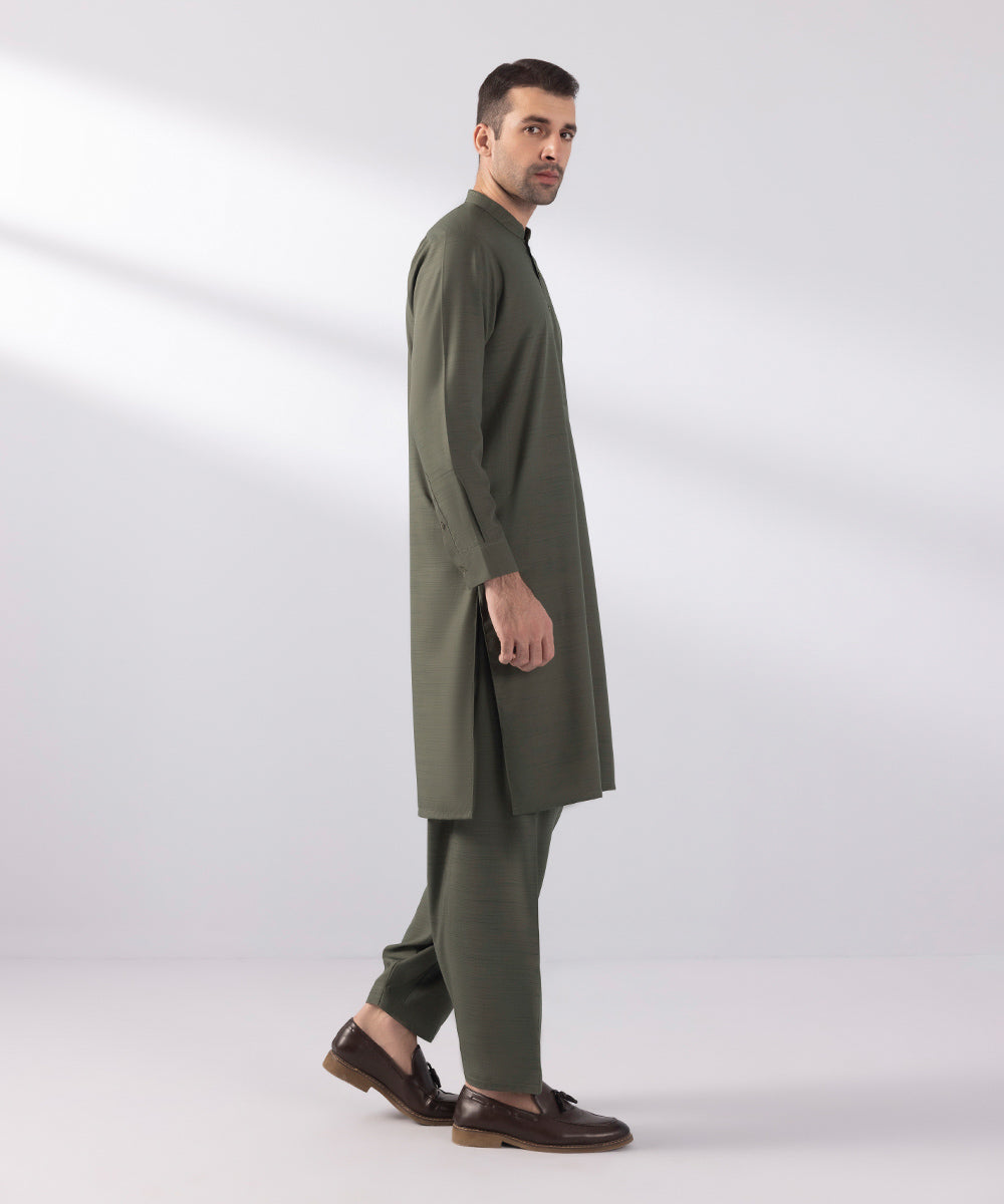 Men's Stitched Wash & Wear Dark Olive Straight Hem Kurta Shalwar