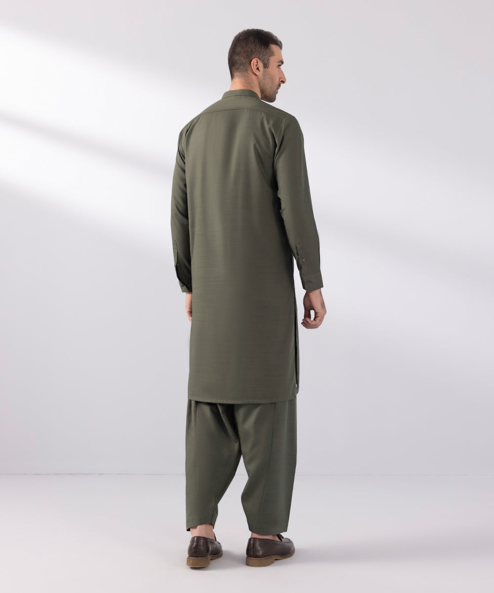 Men's Stitched Wash & Wear Dark Olive Straight Hem Kurta Shalwar