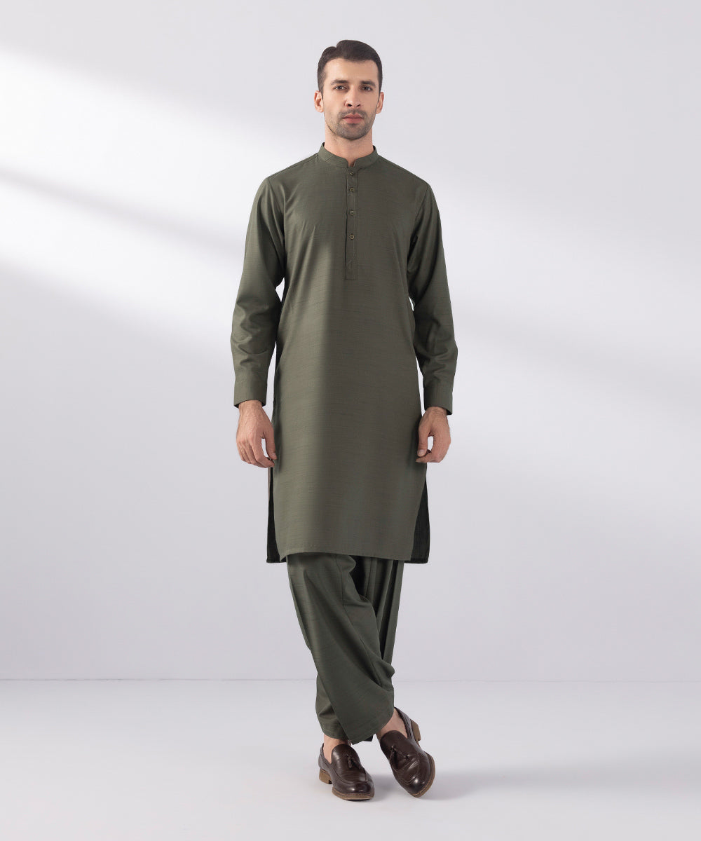 Men's Stitched Wash & Wear Dark Olive Straight Hem Kurta Shalwar