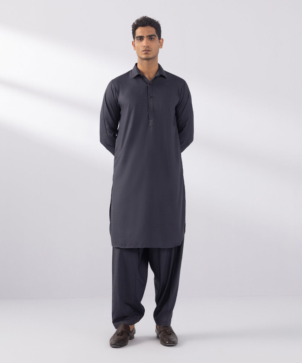 Men's Stitched Wash & Wear Charcoal Round Hem Kurta Shalwar