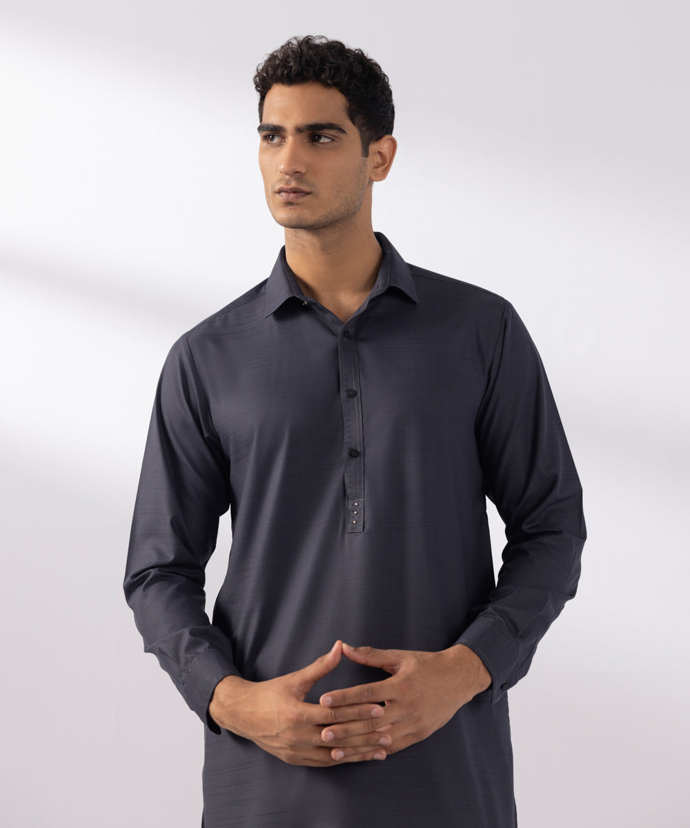 Men's Stitched Wash & Wear Charcoal Round Hem Kurta Shalwar