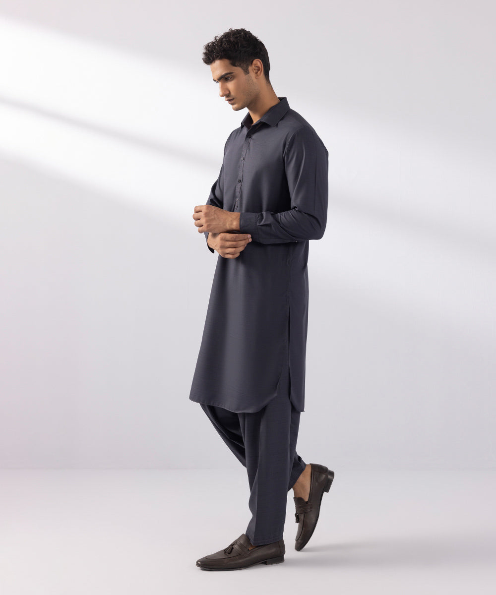 Men's Stitched Wash & Wear Charcoal Round Hem Kurta Shalwar