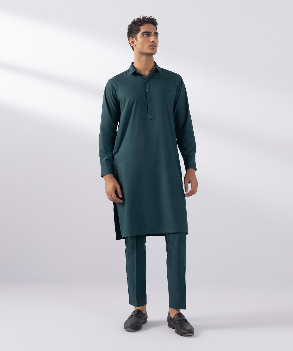 Men's Stitched Wash & Wear Teal Green Straight Hem Kurta Trousers