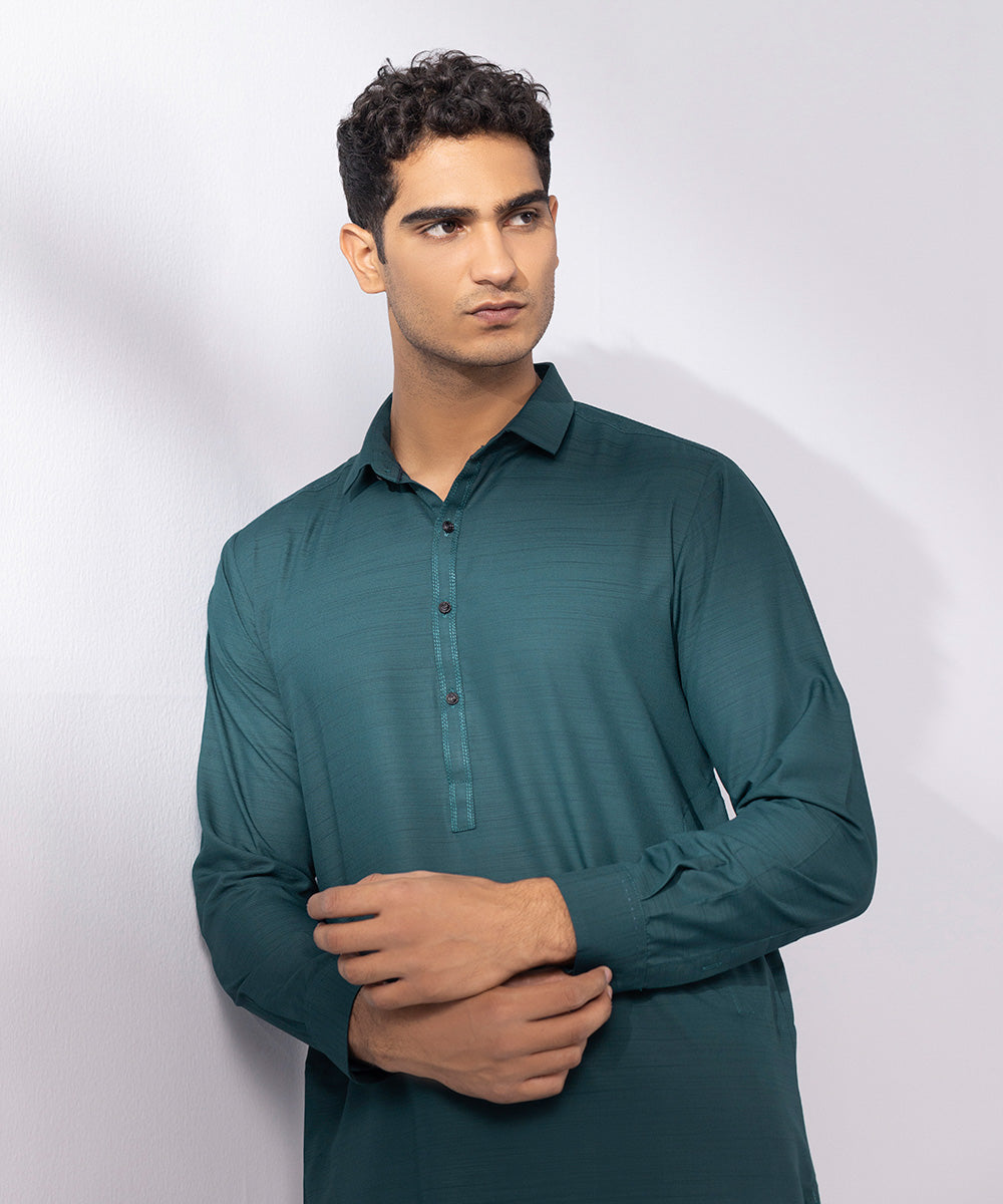 Men's Stitched Wash & Wear Teal Green Straight Hem Kurta Trousers