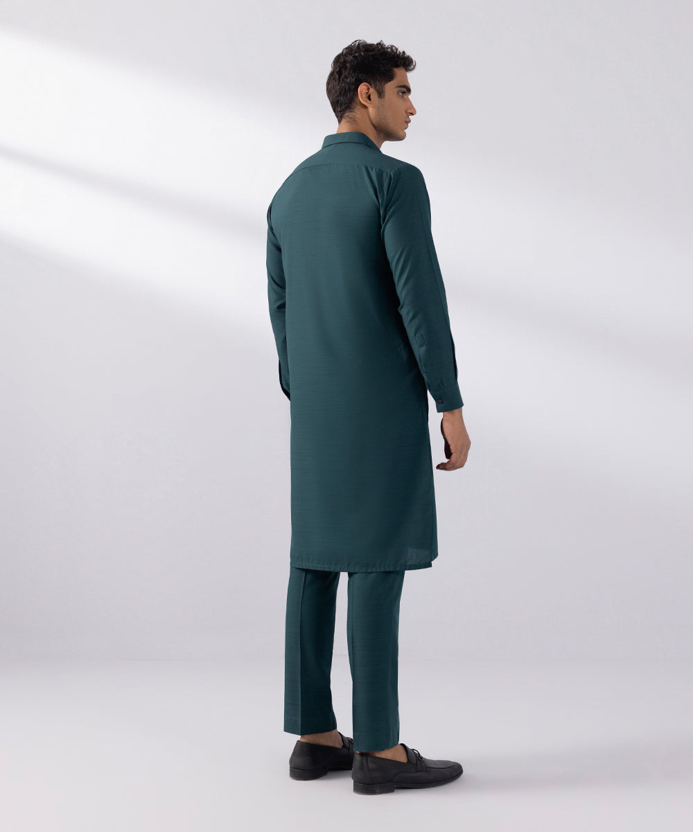 Men's Stitched Wash & Wear Teal Green Straight Hem Kurta Trousers