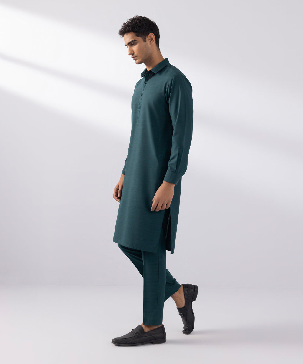 Men's Stitched Wash & Wear Teal Green Straight Hem Kurta Trousers