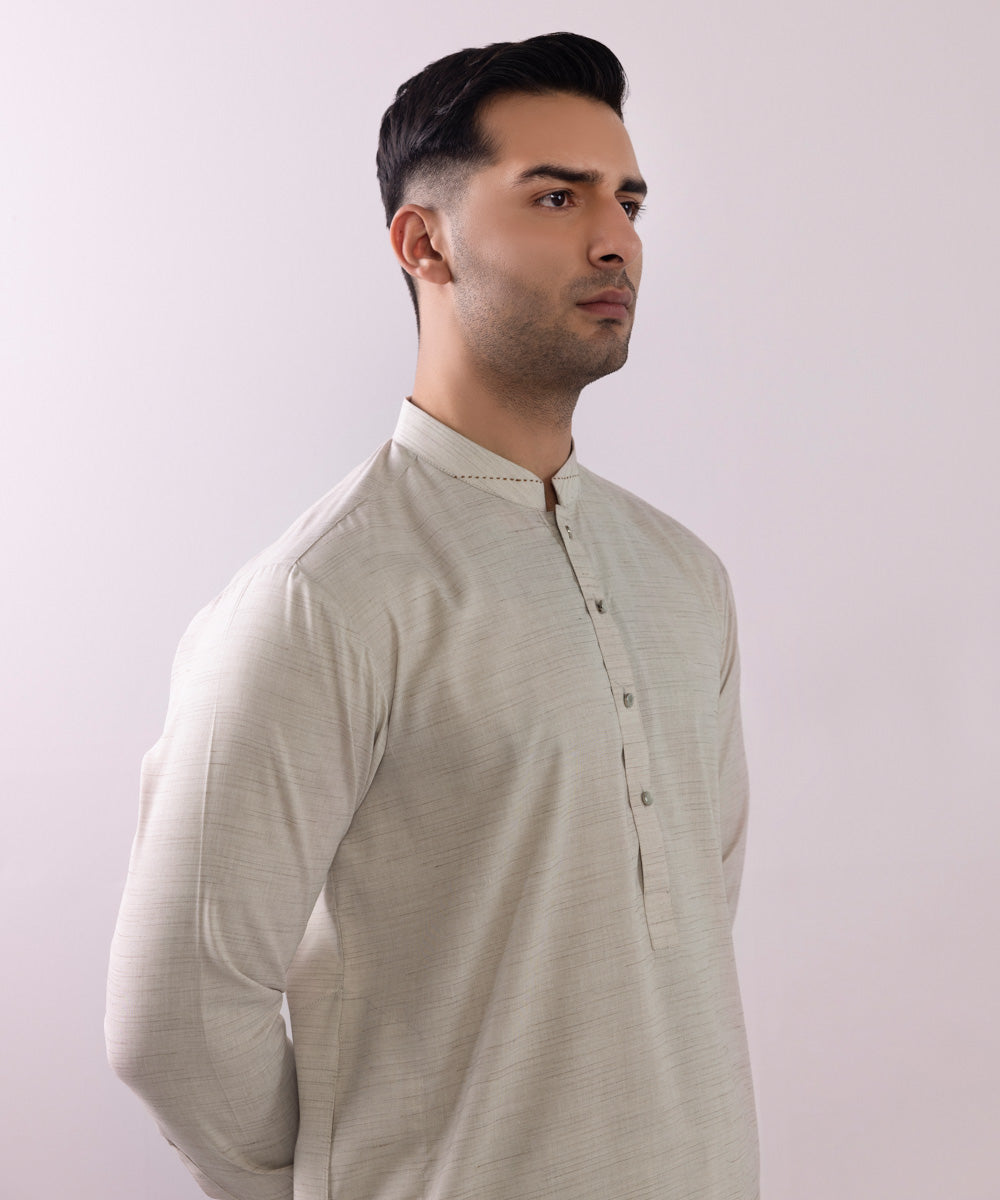 Men's Stitched Fancy Wash & Wear Beige Round Hem Kurta Shalwar