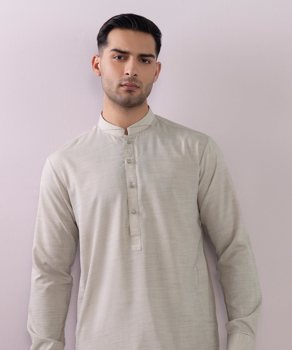 Men's Stitched Fancy Wash & Wear Beige Round Hem Kurta Shalwar
