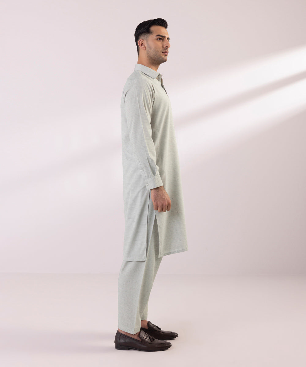 Men's Stitched Fancy Wash & Wear Ash Grey Straight Hem Kurta Shalwar