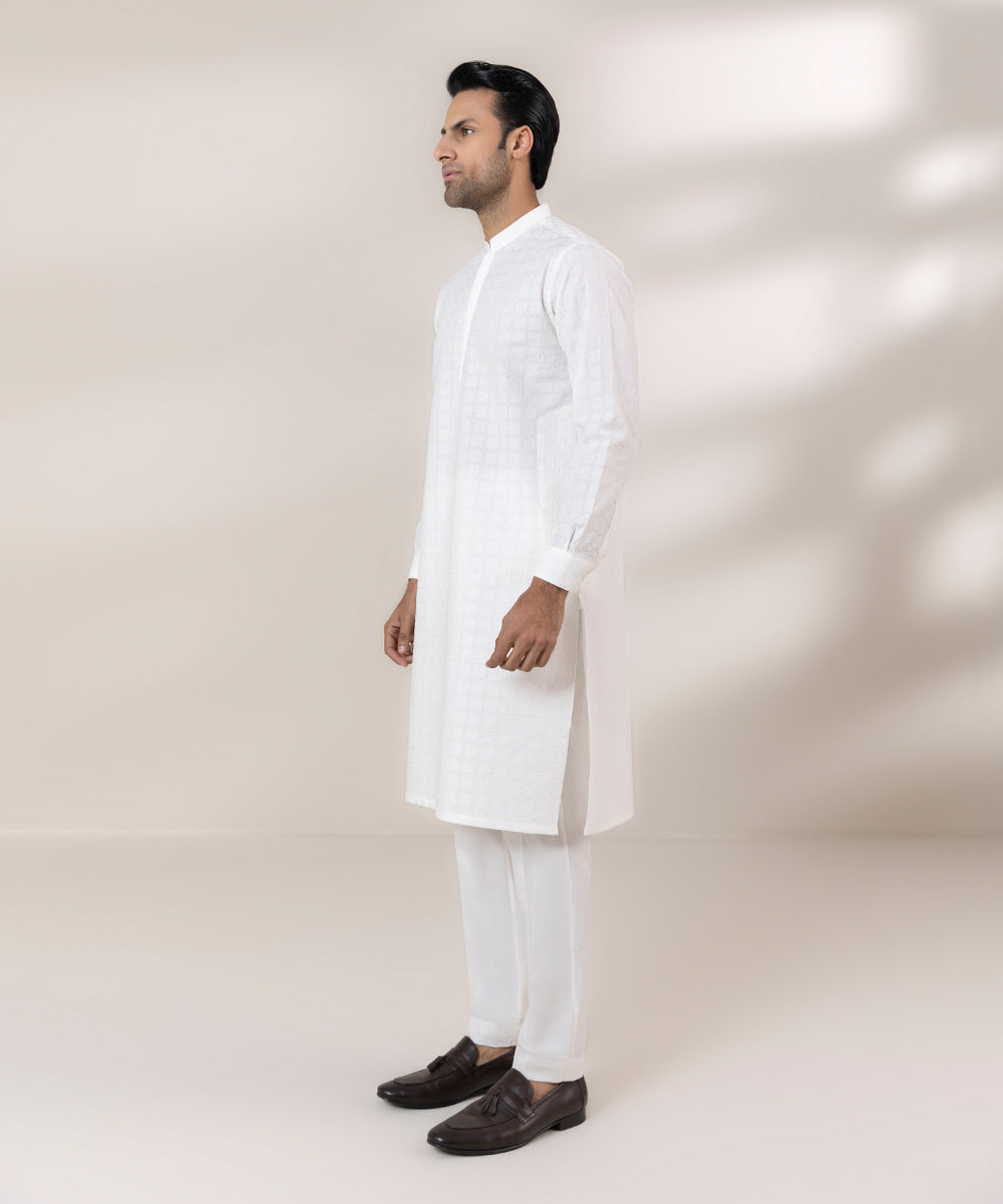 Men's Stitched Cotton Schiffli Emb Embroidered White Straight Hem Kurta Shalwar