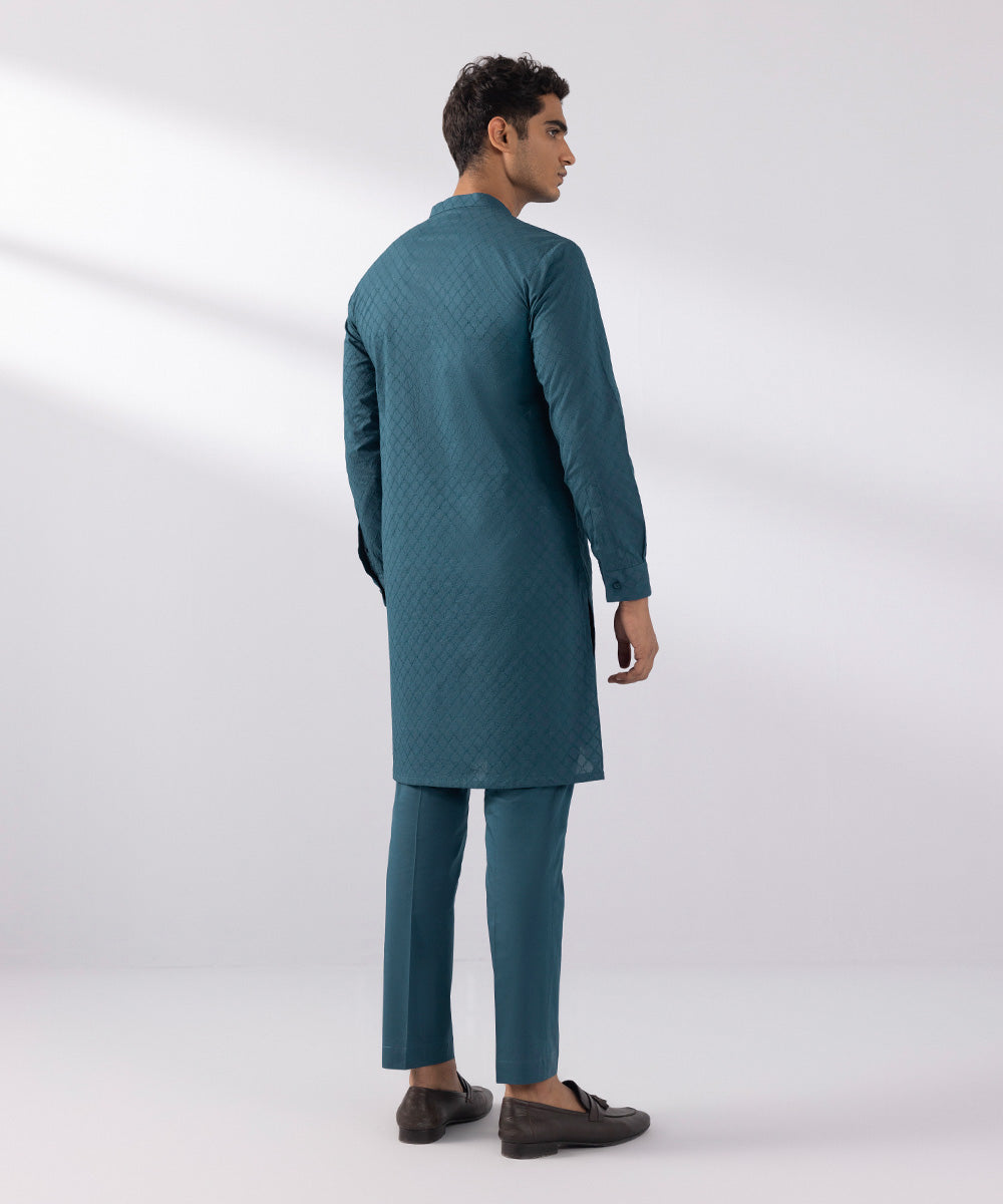 Men's Stitched Schiffili Embroidered Suit Embroidered Teal Blue Round Hem Kurta Trousers