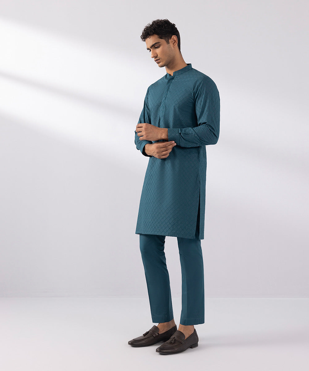 Men's Stitched Schiffili Embroidered Suit Embroidered Teal Blue Round Hem Kurta Trousers