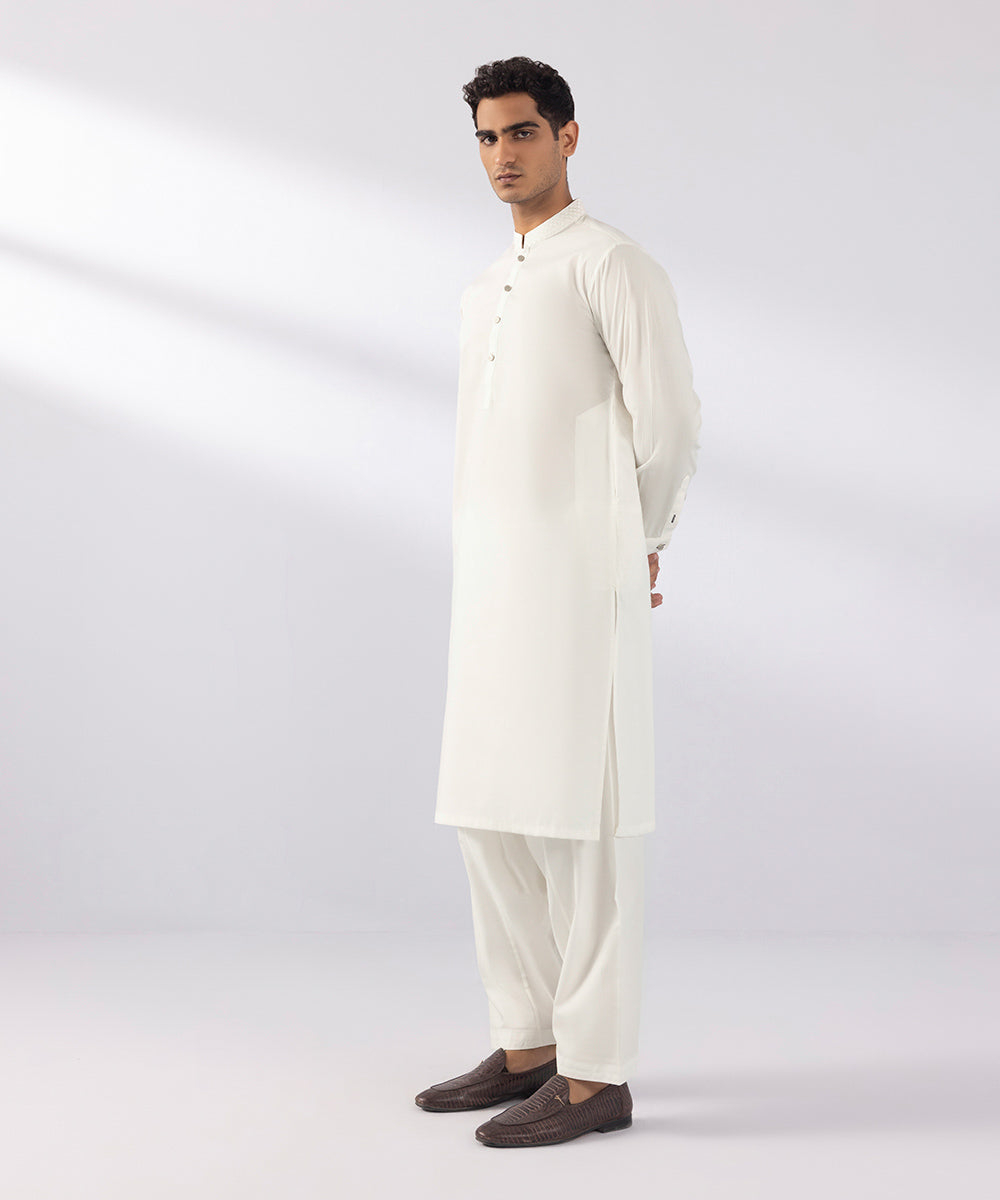 Men's Stitched Luxury Egyptian Cotton Suit Embroidered White Straight Hem Kurta Shalwar