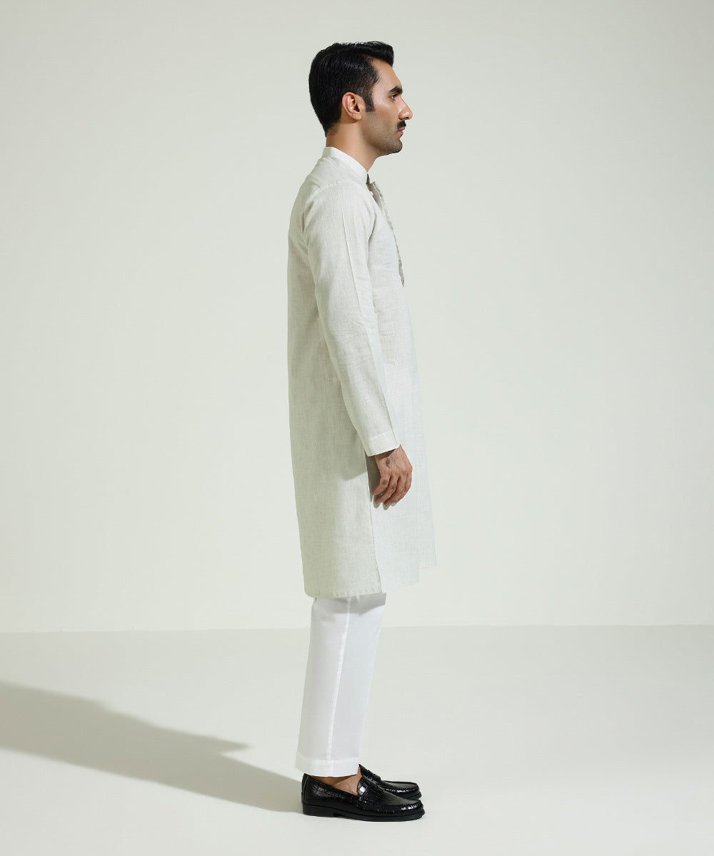 Men's Eid Stitched Melange Embroidered White Straight Hem Kurta