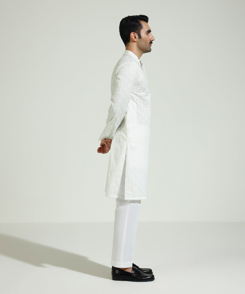 Men's Eid Stitched Cotton Schiffli Embroidered White Straight Hem Kurta