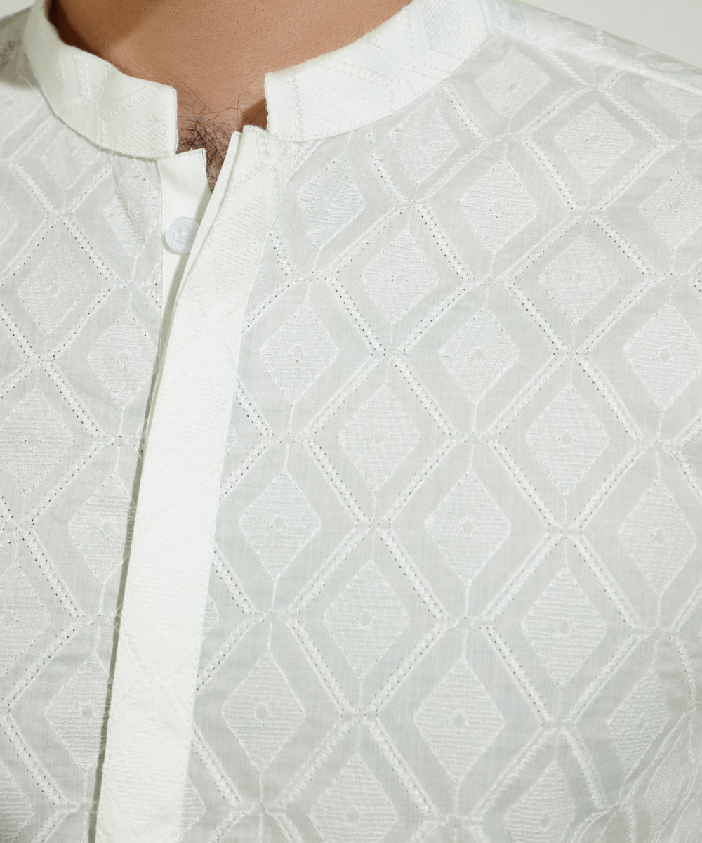 Men's Eid Stitched Cotton Schiffli Embroidered White Straight Hem Kurta