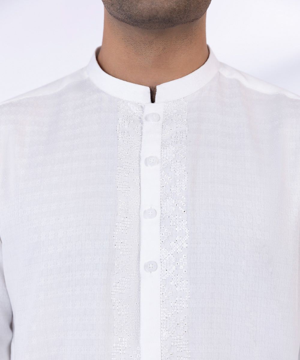 Men's Stitched White Wash & Wear Self Texture Kurta