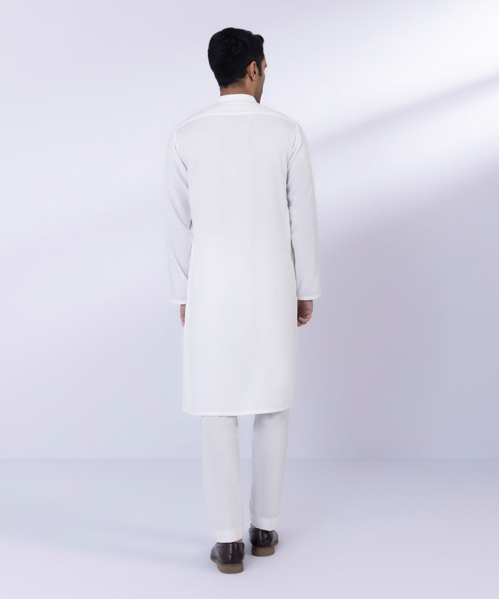 Men's Stitched White Wash & Wear Self Texture Kurta