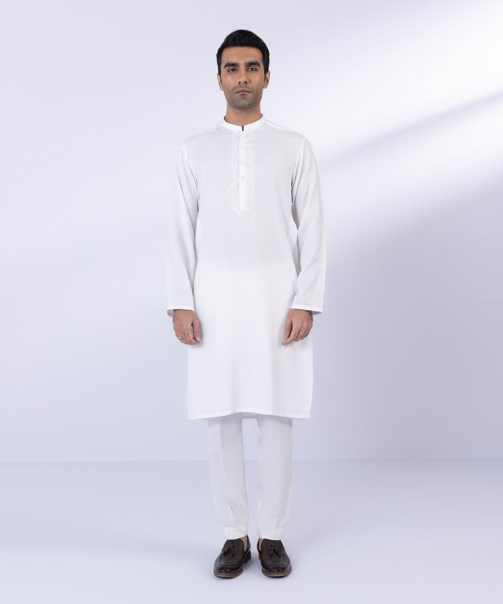 Men's Stitched White Wash & Wear Self Texture Kurta