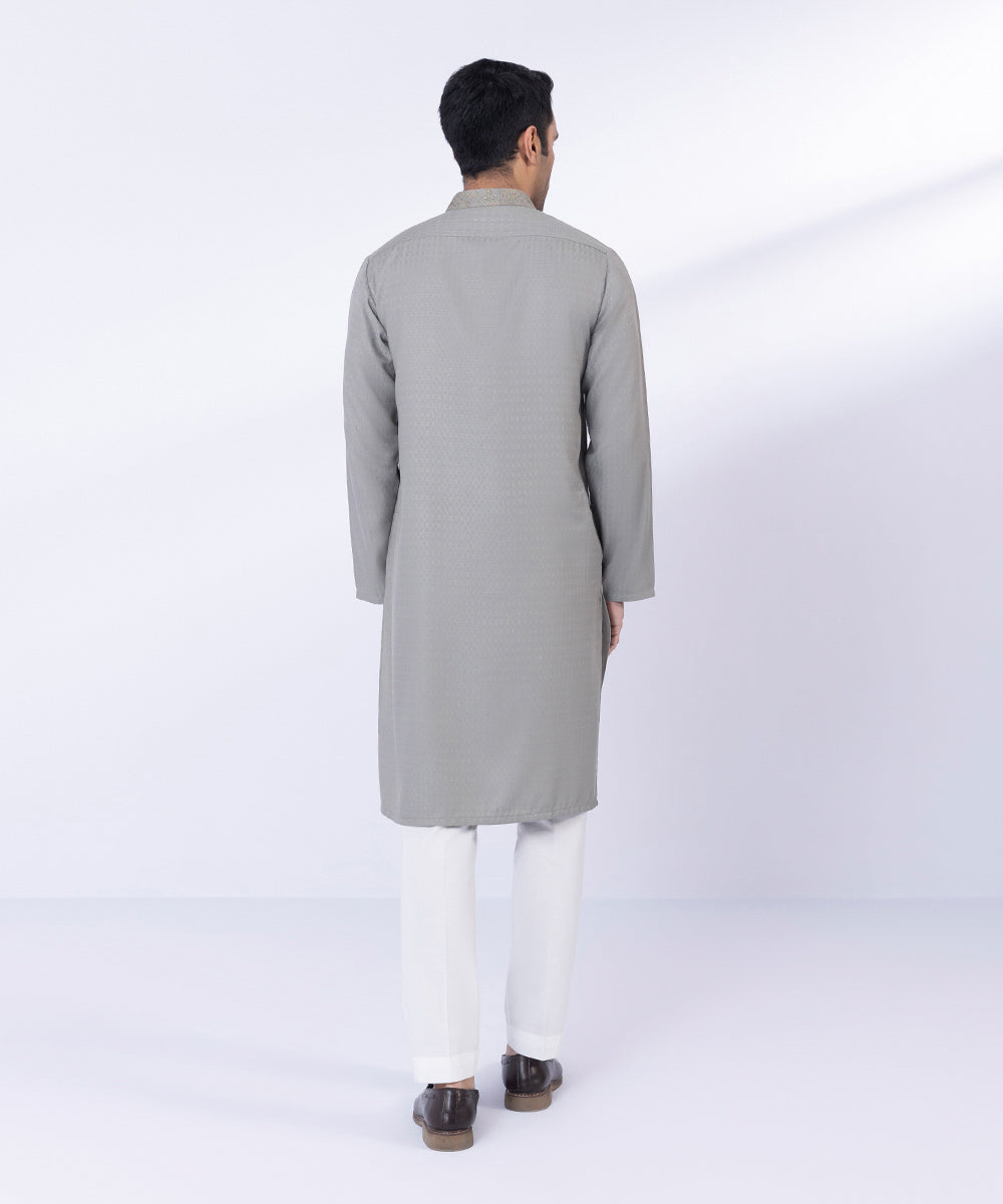 Men's Stitched Olive Wash & Wear Self Texture Kurta