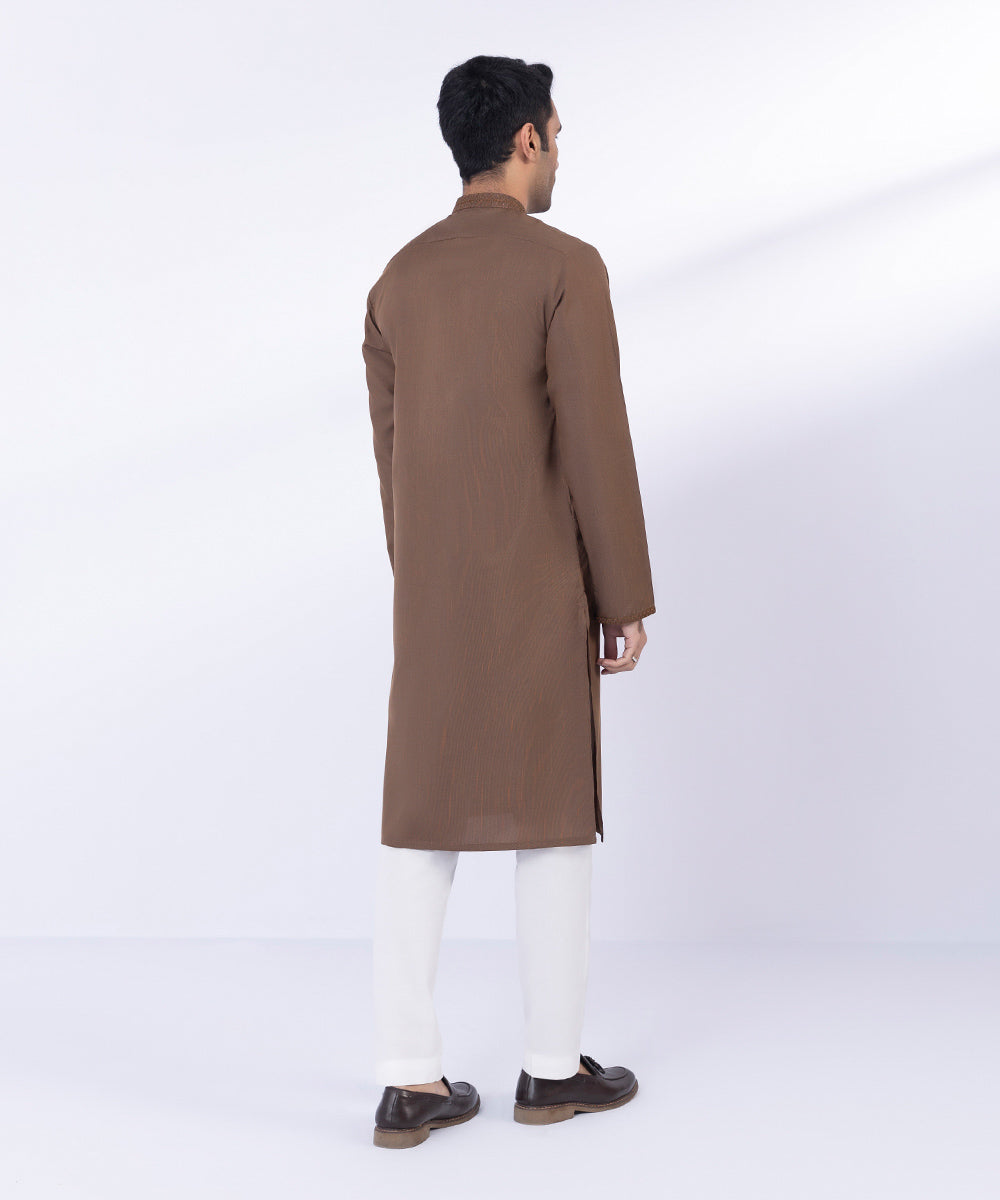 Men's Stitched Rust Wash & Wear Fancy Kurta