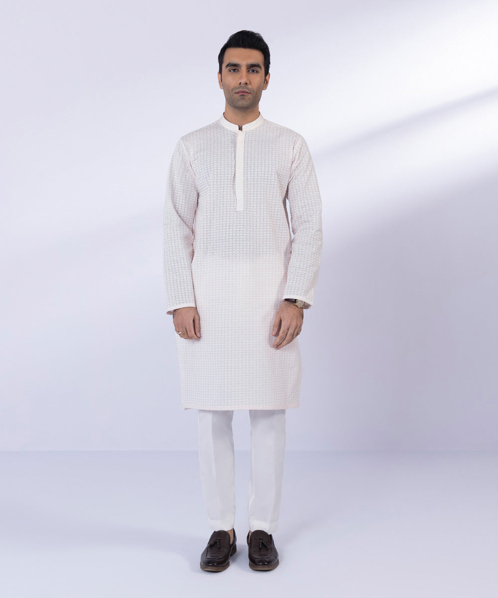 Men's Stitched Light Pink Cotton Schiffli Kurta