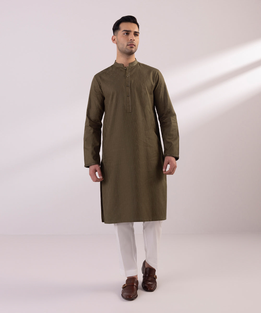 Men's Stitched Embroidered Cotton Jacquard Rust Brown Straight Hem Kurta