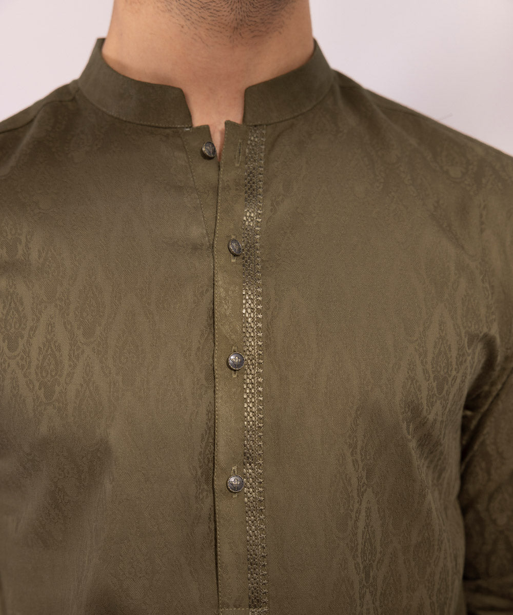 Men's Stitched Embroidered Cotton Jacquard Rust Brown Straight Hem Kurta