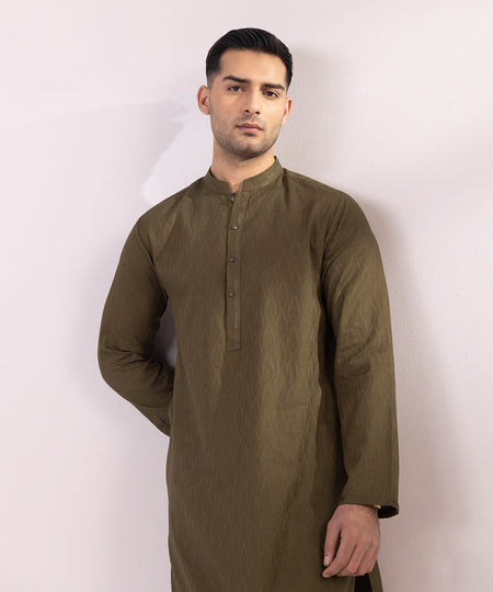 Men's Stitched Embroidered Cotton Jacquard Rust Brown Straight Hem Kurta