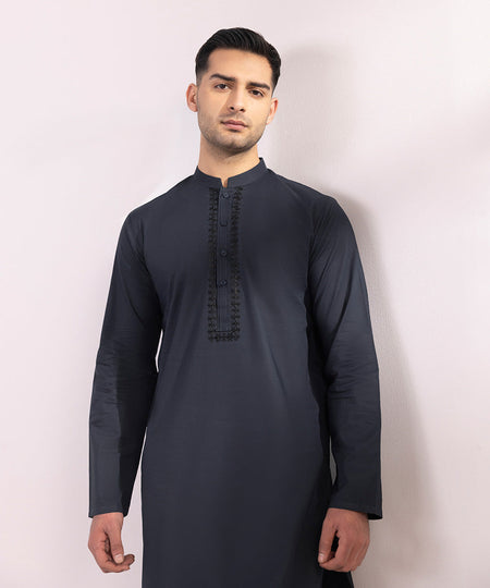 Men's Stitched Embroidered Cotton Dobby Navy Straight Hem Kurta