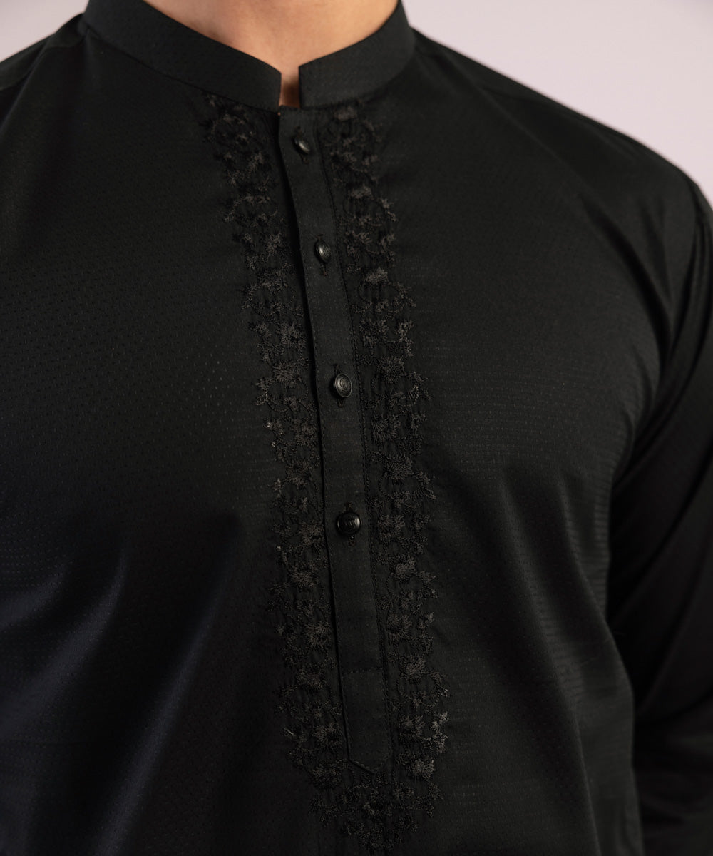 Men's Stitched Embroidered Cotton Dobby Black Straight Hem Kurta