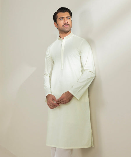 Men's Stitched Cotton Jacquard Embroidered Light Cream Straight Hem Kurta