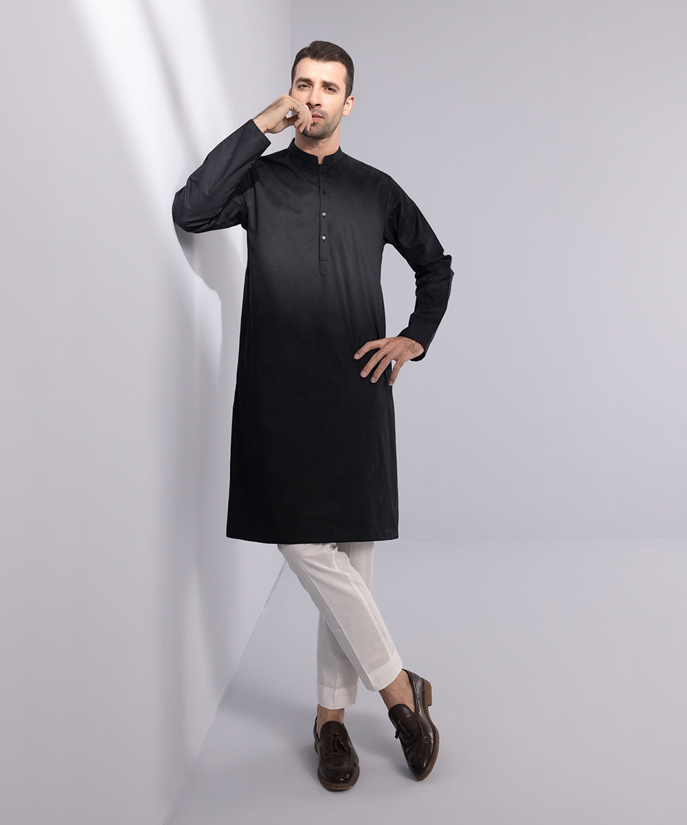 Men's Stitched Cotton Jacquard Embroidered Black Straight Hem Kurta