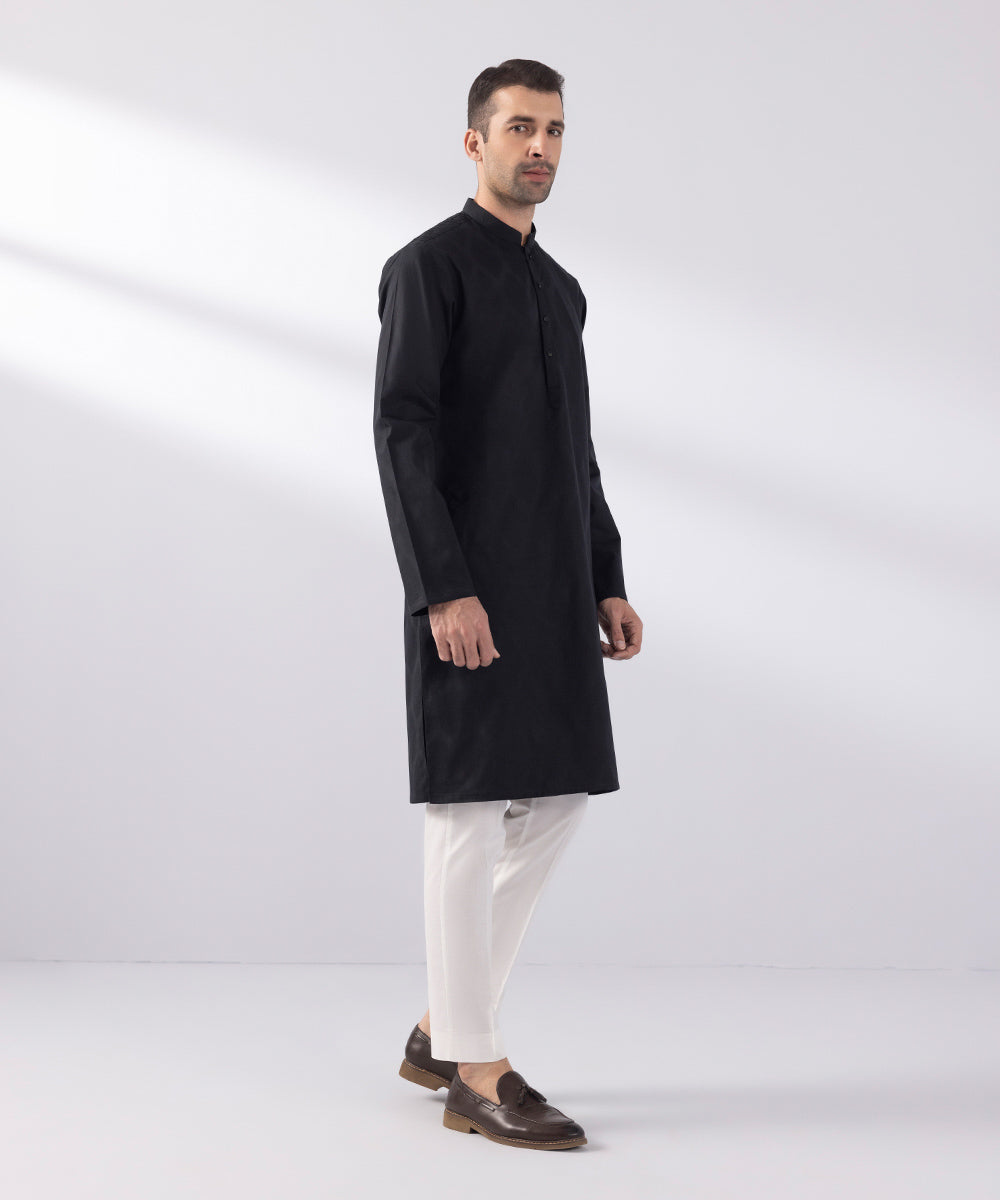 Men's Stitched Cotton Jacquard Embroidered Black Straight Hem Kurta