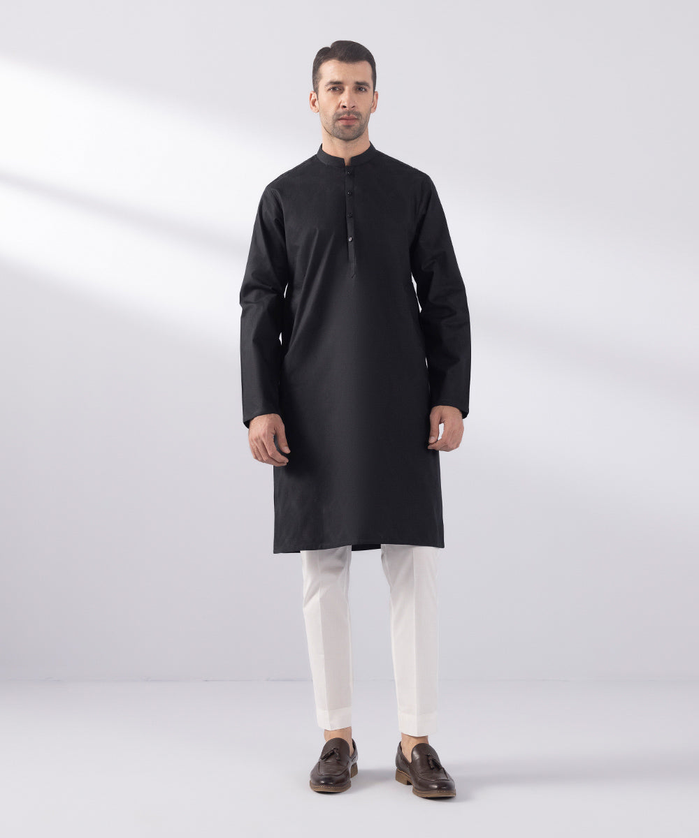 Men's Stitched Cotton Jacquard Embroidered Black Straight Hem Kurta