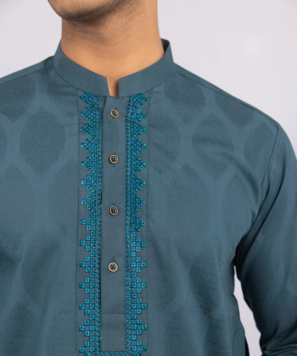 Men's Stitched Cotton Jacquard Embroidered Teal Green Straight Hem Kurta