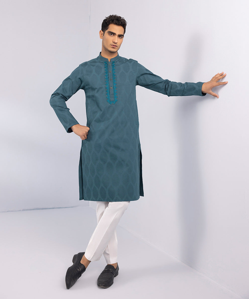 Men's Stitched Cotton Jacquard Embroidered Teal Green Straight Hem Kurta