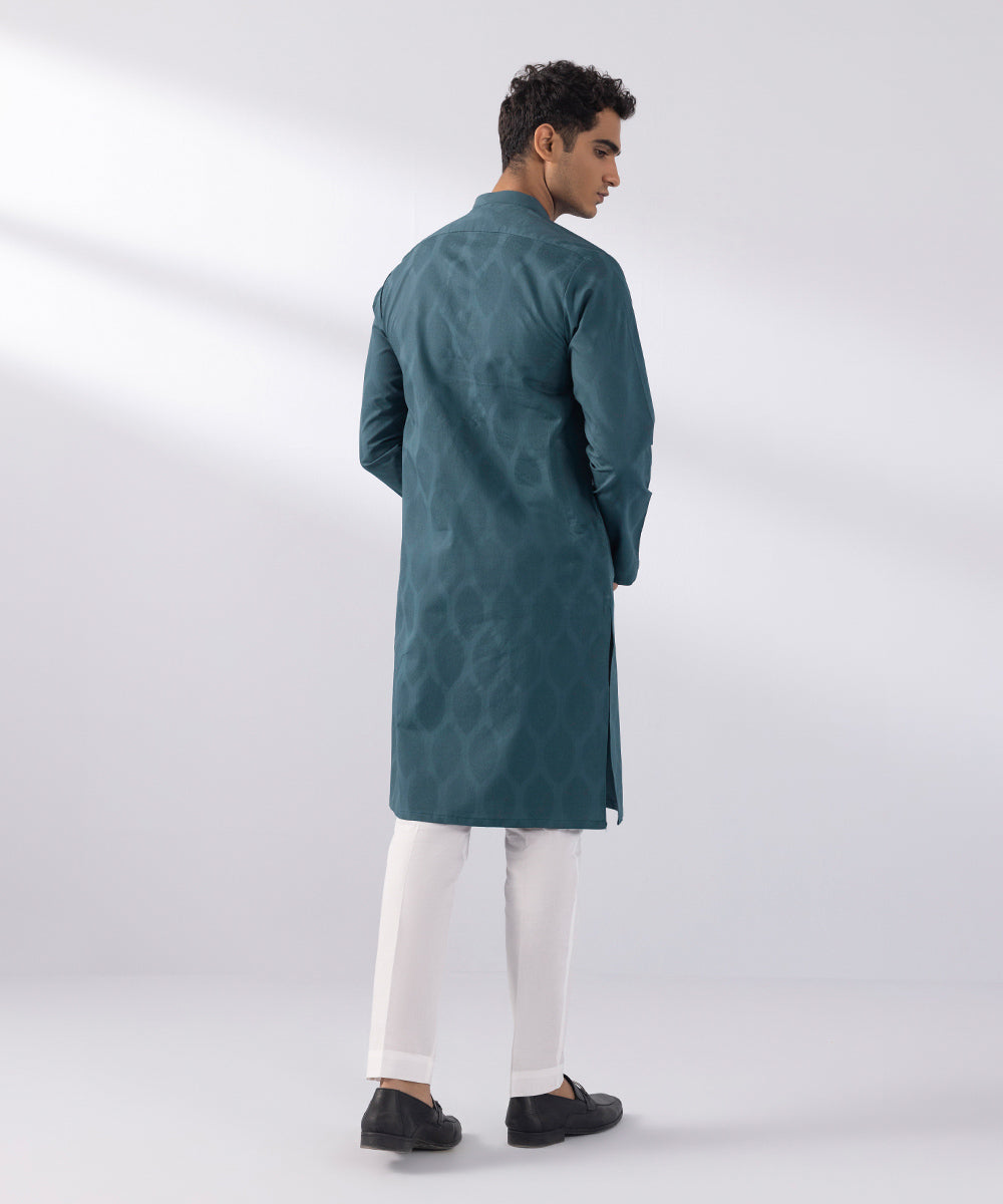 Men's Stitched Cotton Jacquard Embroidered Teal Green Straight Hem Kurta