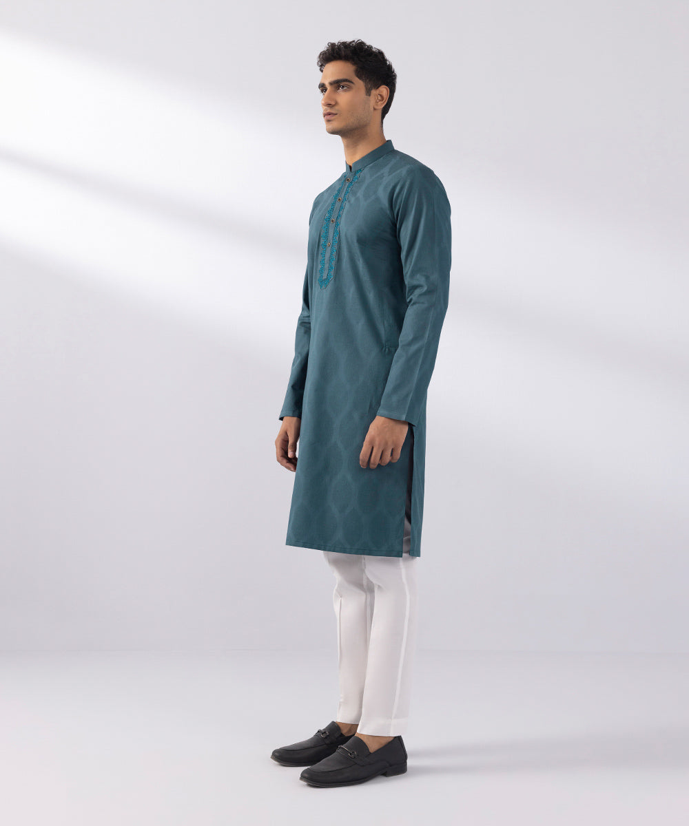 Men's Stitched Cotton Jacquard Embroidered Teal Green Straight Hem Kurta