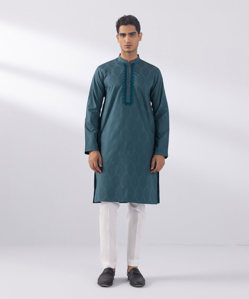 Men's Stitched Cotton Jacquard Embroidered Teal Green Straight Hem Kurta