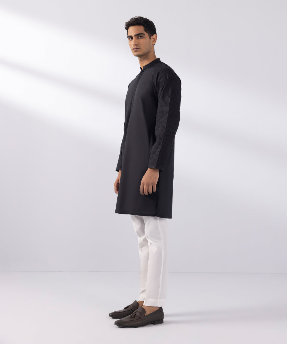 Men's Stitched Summer Cotton Embroidered Black Straight Hem Kurta